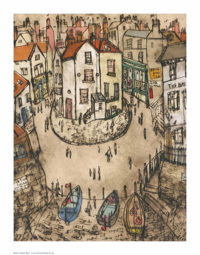 May include: A watercolor illustration of a seaside town with buildings, shops, and people walking on the cobblestone streets. There are two boats in the foreground, one blue and one orange.