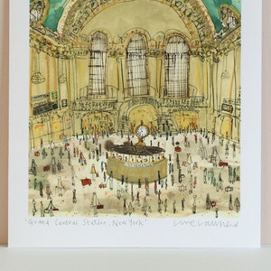May include: A watercolor illustration of Grand Central Station in New York City. The image shows the interior of the station, with a large clock in the center and many people walking around. The text "Grand Central Station, New York" and "Lime Laurend" are written at the bottom of the image.