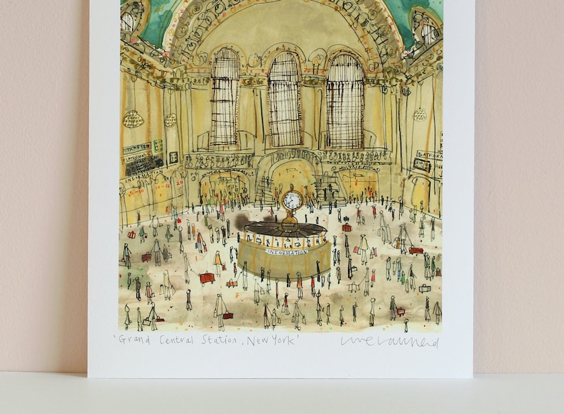 May include: A watercolor illustration of Grand Central Station in New York City. The image shows the interior of the station, with a large clock in the center and many people walking around. The text "Grand Central Station, New York" and "Lime Laurend" are written at the bottom of the image.