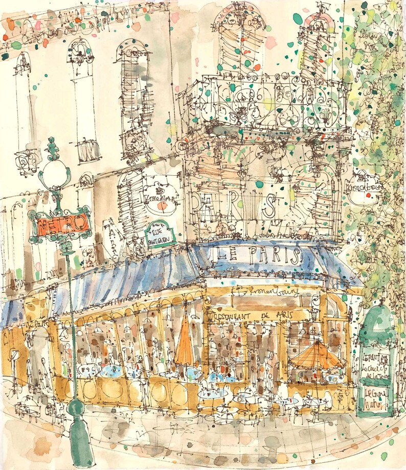 PARIS RESTAURANT ART, French Café Watercolor, Paris Café Painting, Parisian Wall Art, Paris Art Print, Signed Giclee Print, Clare Caulfield image 2