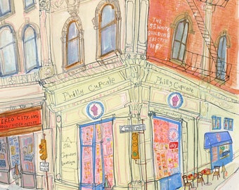 Philadelphia Print, Cupcake Shop Art, 8x10  Giclee Print, Philly Bakery Picture, USA Wall Art, Watercolor Painting, Cake Store Drawing