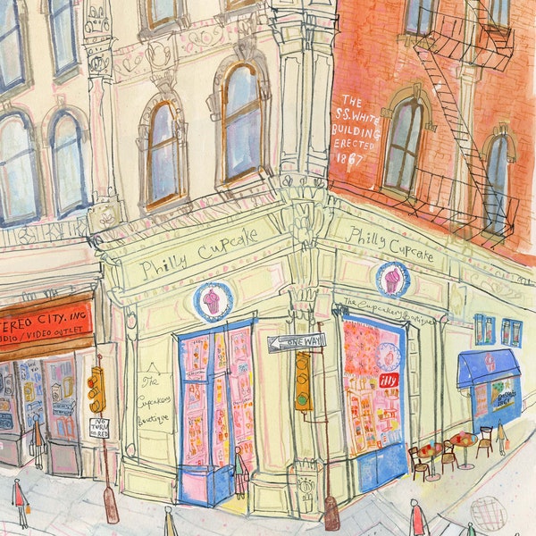 Philadelphia Print, Cupcake Shop Art, 8x10  Giclee Print, Philly Bakery Picture, USA Wall Art, Watercolor Painting, Cake Store Drawing