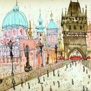 May include: A watercolor painting of a cityscape with a bridge and a tower. The buildings are painted in shades of pink, blue, and brown. There are many people walking on the bridge.