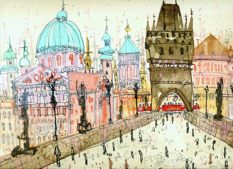 May include: A watercolor painting of a cityscape with a bridge and a tower. The buildings are painted in shades of pink, blue, and brown. There are many people walking on the bridge.