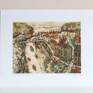STAITHES ART PRINT, North Yorkshire, Coastal Sketch, Fishing Village, Signed Giclee Print, View over Staithes England, Boats Clare Caulfield