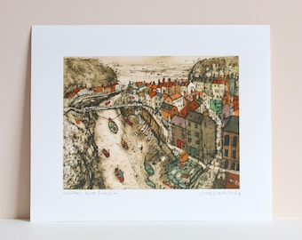 STAITHES ART PRINT, North Yorkshire, Coastal Sketch, Fishing Village, Signed Giclee Print, View over Staithes England, Boats Clare Caulfield