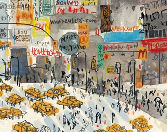 Times Square Watercolor Print, Broadway, NYC Taxi Cabs, Clare Caulfield