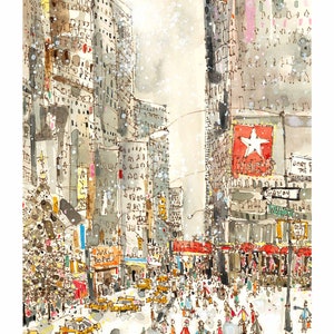 May include: A watercolor painting of a snowy street scene in New York City. The painting features tall buildings, yellow taxis, and people walking down the street. The text "Broadway" is visible on a street sign.