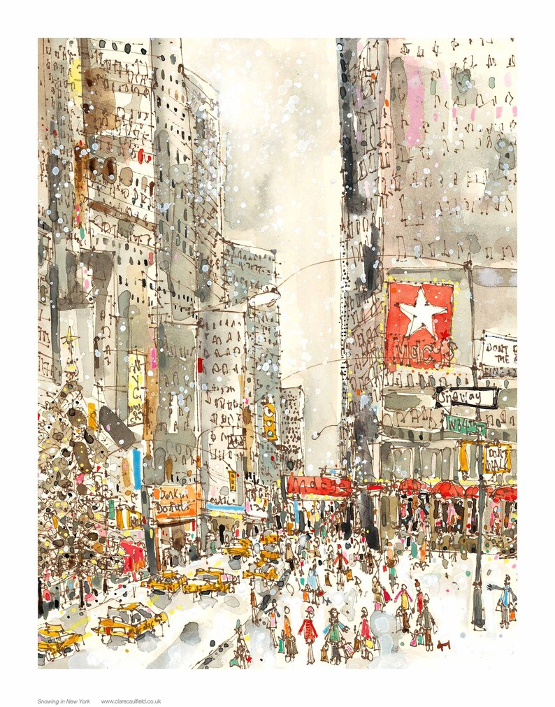 May include: A watercolor painting of a snowy street scene in New York City. The painting features tall buildings, yellow taxis, and people walking down the street. The text "Broadway" is visible on a street sign.