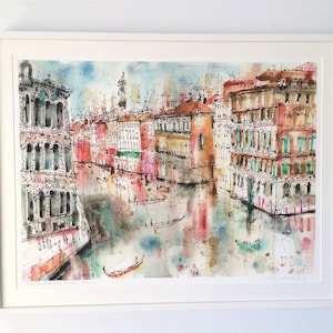 Großer VENEDIG KUNST Druck, signierter Giclee Druck, Venedig Aquarell Malerei, Grande Kanal Kunst, Italien Malerei, Italienische Wand Kunst, Venedig Gebäude