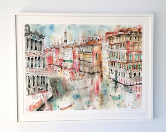 May include: Watercolor painting of a canal in Venice, Italy. The painting features colorful buildings lining the canal, with gondolas and boats in the water. The text "View from Ponte Rialto, Venice" is in the bottom left corner.