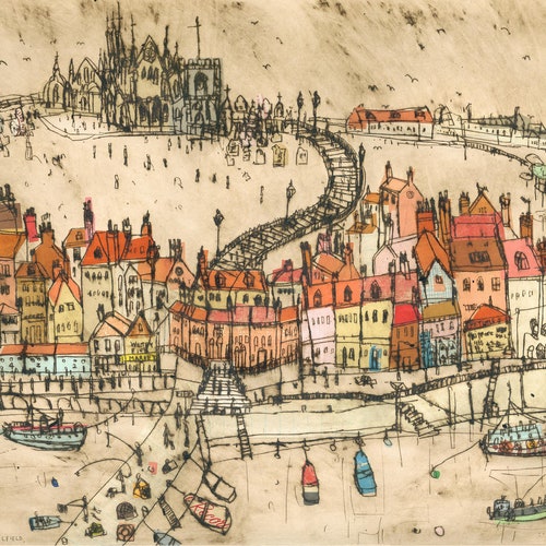 WHITBY CANVAS PRINT, Stretched Canvas Art, North Yorkshire Coast, shops Whitby Abbey View, Clare Caulfield, Giclee Box Canvas, Fishing Boat Houses