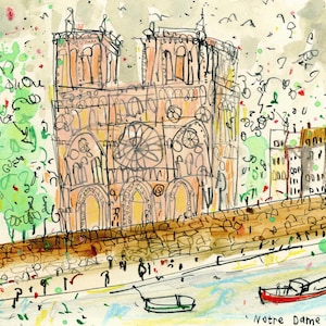 NOTRE DAME PARIS, Giclee Art 8x10, Parisian City Print, Cathedral Drawing, The Seine Painting, France City Sketch, Clare Caulfield