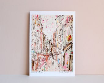 PARIS CITY PRINT, Impression d’art signée, Peinture à l’aquarelle et au stylo, Dessin au stylo de Paris, Décoration d’intérieur parisienne, Croquis de rue Français, Clare Caulfield