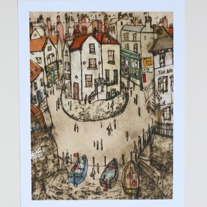May include: A black and white illustration of a town with buildings, people, and boats. The illustration is done in a whimsical style with a lot of detail. The text "The Bay" is visible on one of the buildings.