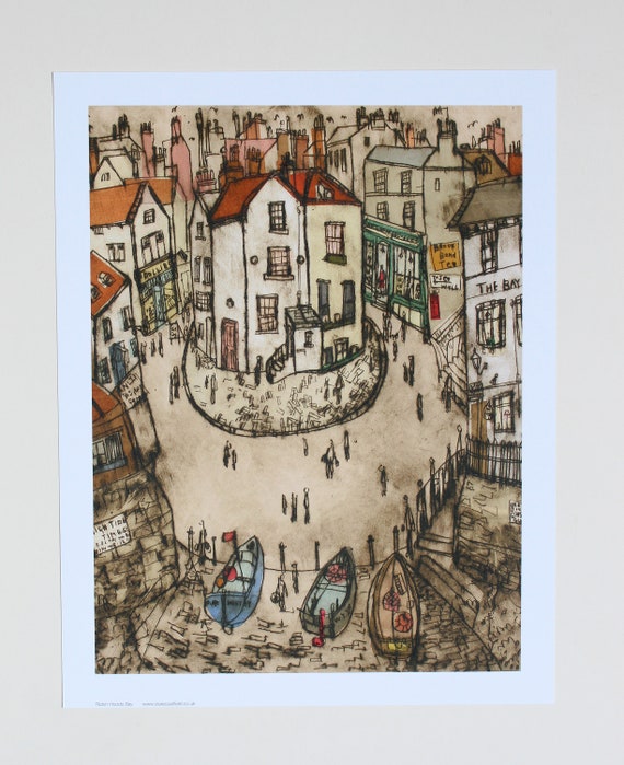 ROBIN HOODS BAY, 11x14 Art Print, North Yorkshire Coast, Fishing Boat Drawing, English Seaside Art, Clare Caulfield, The Bay Hotel, Picture