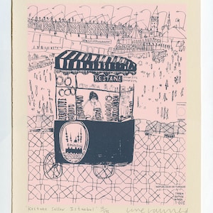 Istanbul Screenprint, Turkish Drawing, Simit Cart Seller, Kestane Sketch, Travel Wall Art, Galata Bridge Sketch, Turkey Artwork