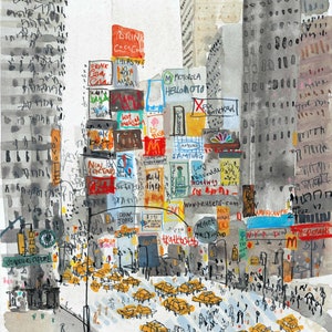 Stampa artistica ad acquerello di Times Square, raffigurante un taxi di New York, realizzata con tecnica giclée e firmata da Clare Caulfield. immagine 4