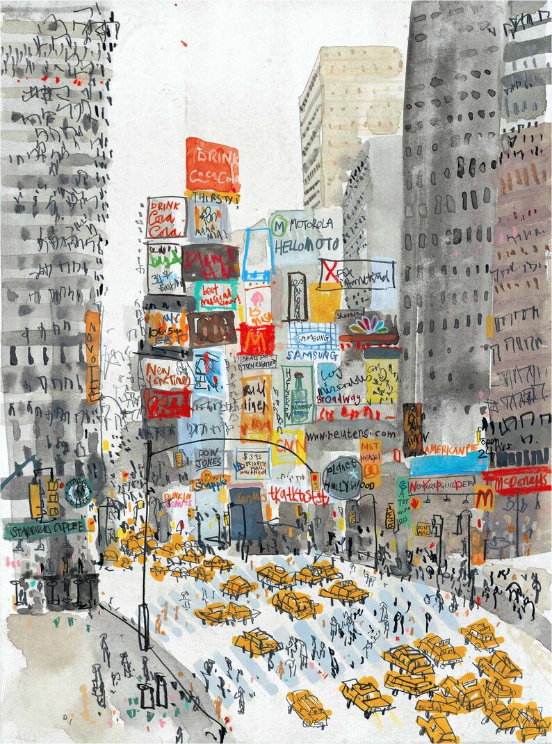 Stampa artistica ad acquerello di Times Square, raffigurante un taxi di New York, realizzata con tecnica giclée e firmata da Clare Caulfield. immagine 4