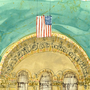 May include: A watercolor painting of an arched ceiling with ornate details and a hanging American flag. The ceiling is painted in shades of green and gold, with a light brown background. The flag is red, white, and blue.