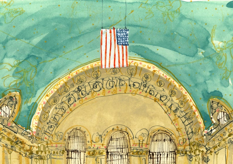 May include: A watercolor painting of an arched ceiling with ornate details and a hanging American flag. The ceiling is painted in shades of green and gold, with a light brown background. The flag is red, white, and blue.