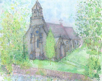 YORKSHIRE CHURCH ART, St Marys and St Johns, Hardraw Church, Watercolor Painting, North Yorkshire Dales, Hawes Sketch, Clare Caulfield