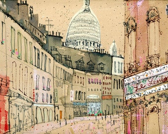 SACRE COEUR CANVAS Paris Art Print, Montmartre Street, French Painting, Watercolour Sketch, France Drawing, Parisian Picture Clare Caulfield