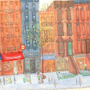 May include: A watercolor illustration of a city street scene with brownstone buildings, storefronts, and people walking. The storefronts have signs that read "The Magnolia Bakery", "Murray's", "Green Village", and "Rocco's".