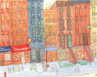 BLEECKER STREET New York Art Print, Brownstone Sketch, Greenwich Village Manhattan Picture, Watercolor Sketch, NYC Taxi, Murrays Cheese Shop