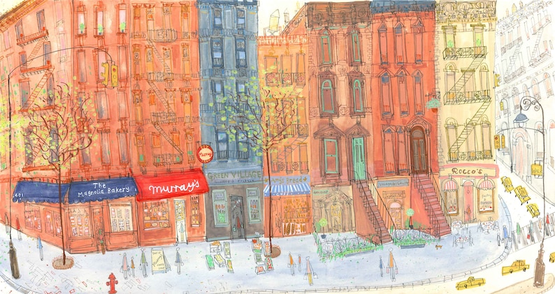 May include: A watercolor illustration of a city street scene with brownstone buildings, storefronts, and people walking. The storefronts have signs that read "The Magnolia Bakery", "Murray's", "Green Village", and "Rocco's".