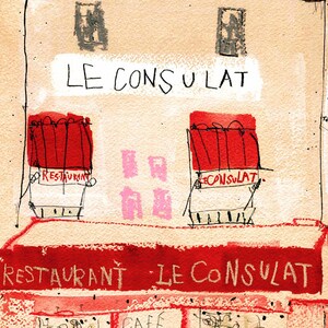 PARIS ART PRINT, Le Consulat, French Restaurant Sketch, Red Parisian Café, Watercolour Painting, Montmartre Picture, Mixed-Media Drawing image 12