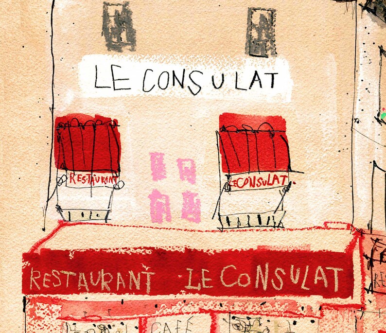 PARIS ART PRINT, Le Consulat, French Restaurant Sketch, Red Parisian Café, Watercolour Painting, Montmartre Picture, Mixed-Media Drawing image 12