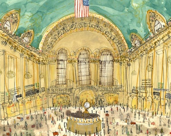 Toile d'art GRAND CENTRAL, impression 20 x 20 cm, gare de New York, architecture New York, Clare Caulfield, Grand Central Terminal, peinture à l'aquarelle