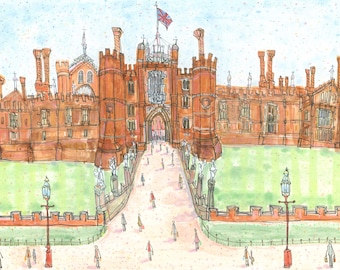 May include: Watercolor illustration of a large red brick building with multiple towers and a central arched entrance. A bridge leads to the entrance, with figures walking across it. A British flag flies atop the building.