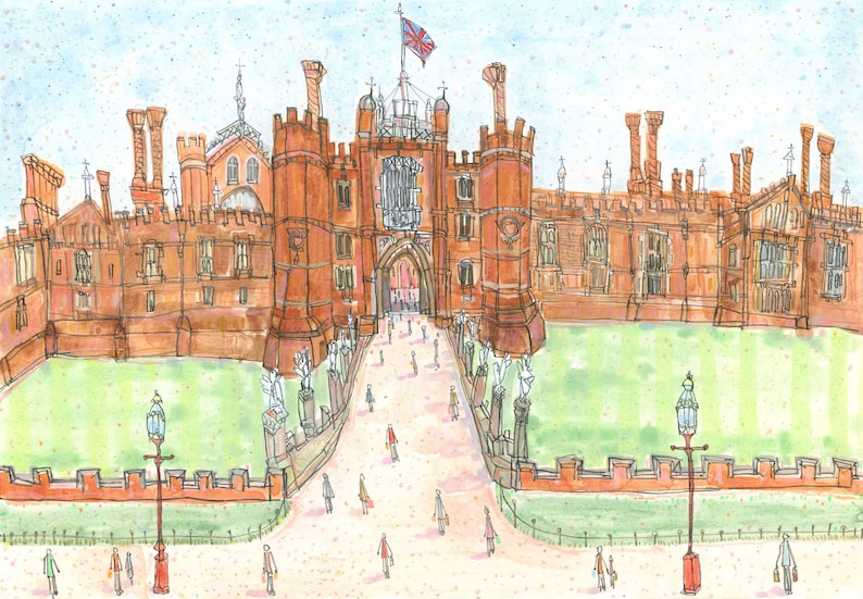 May include: Watercolor illustration of a large red brick building with multiple towers and a central arched entrance. A bridge leads to the entrance, with figures walking across it. A British flag flies atop the building.