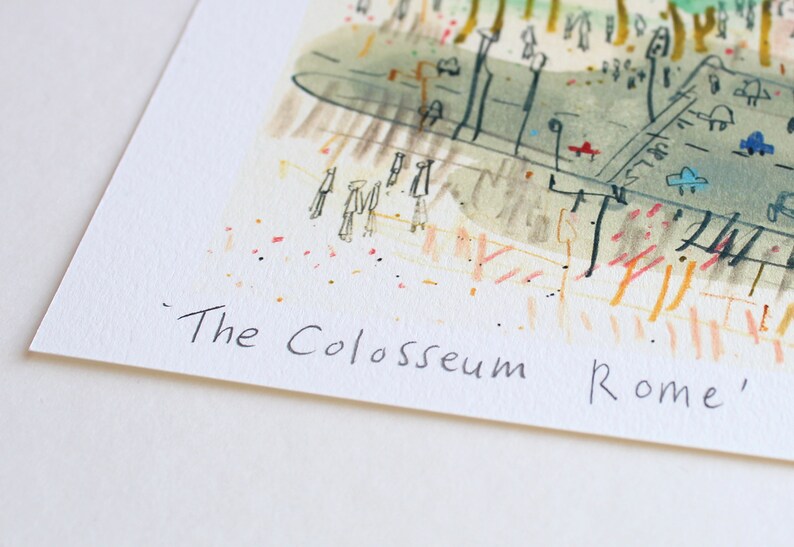 May include: Watercolor illustration of the Colosseum in Rome. The artwork features a sketch-like style with muted colors, including greens, grays, and touches of red and orange. The text "The Colosseum Rome" is handwritten at the bottom.