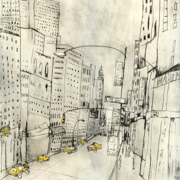 NEW YORK Taxi, Art Print 11x14, Lexington Avenue, NYC Taxi Drawing, Manhattan Sketch, City Skyscaper, Yellow Taxis, Black Drawing