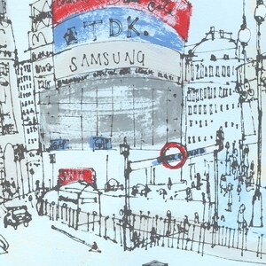 May include: A black and white sketch of a busy city street scene with a large building with the text "SAMSUNG" and "TDK." on it. There are cars, people, and a red double-decker bus in the scene.