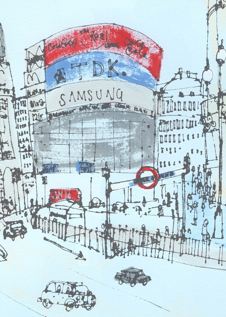 May include: A black and white sketch of a busy city street scene with a large building with the text "SAMSUNG" and "TDK." on it. There are cars, people, and a red double-decker bus in the scene.