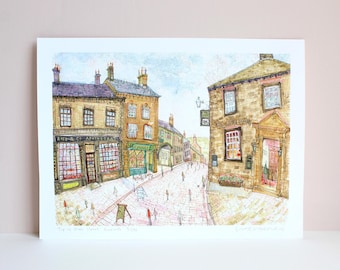 HAWORTH ART PRINT, Watercolor Painting, Bronte Country, Wuthering Heights, Yorkshire England Pub, Apothecary Main Street, Clare Caulfield
