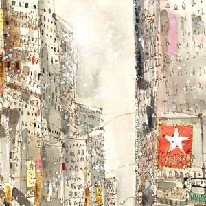 May include: A watercolor painting of a city street scene with tall buildings and a red sign with a white star. The buildings are covered in snow and the street is empty. The sign reads "Macy's" and "Broadway".