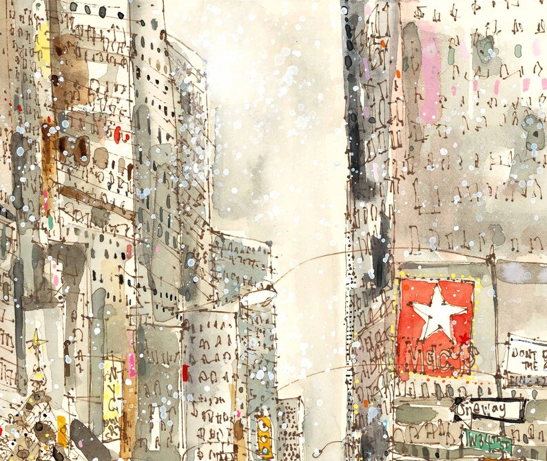 May include: A watercolor painting of a city street scene with tall buildings and a red sign with a white star. The buildings are covered in snow and the street is empty. The sign reads "Macy's" and "Broadway".
