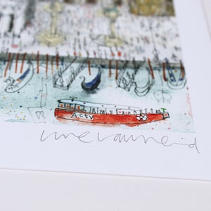 May include: A watercolor painting of a red boat with the word "ACTV" on the side. The boat is docked in a canal with many gondolas. The painting is signed "melanie"