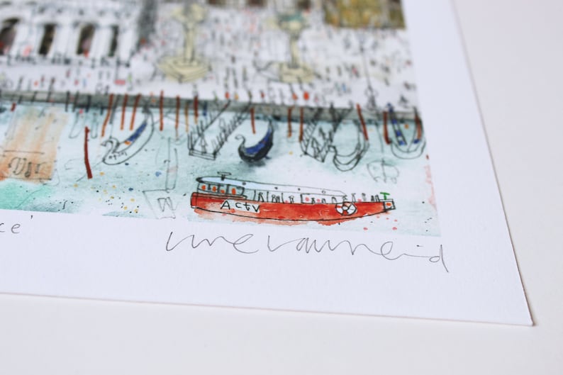 May include: A watercolor painting of a red boat with the word "ACTV" on the side. The boat is docked in a canal with many gondolas. The painting is signed "melanie"