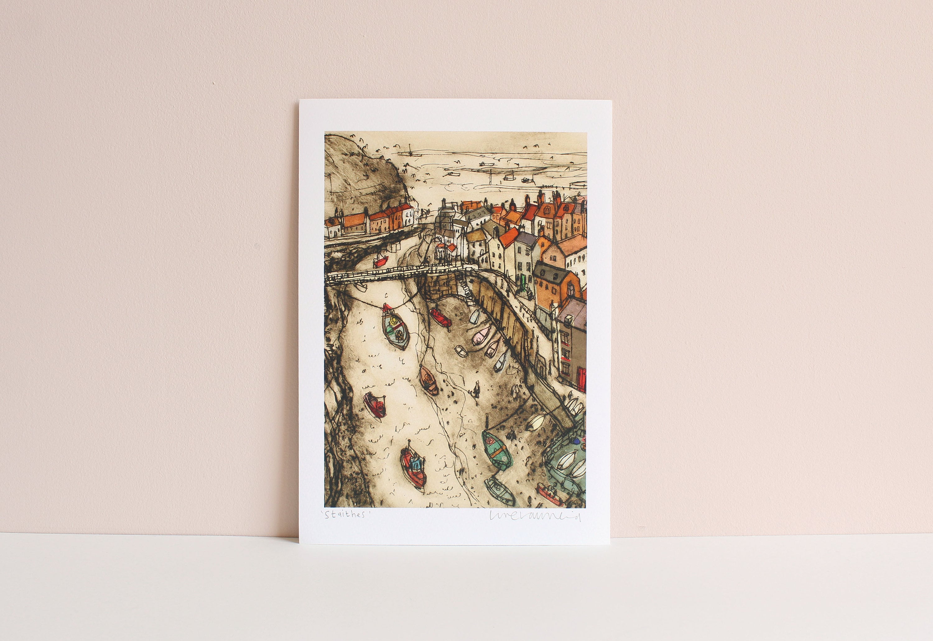 STAITHES PICTURE North Yorkshire, View of Staithes, Coastal Drawing, Signed Giclee Print, Staithes Art Print, House Rooftops Clare Caulfield