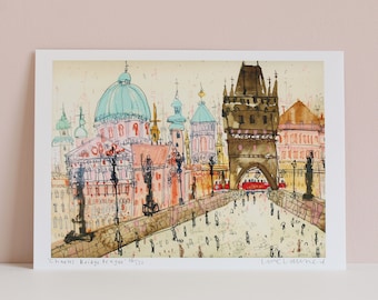 PRAGUE ART PRINT, Charles Bridge Czech Republic, Watercolor Painting, Signed Limited Edition, Prague Tram, Vltava River, Clare Caulfield