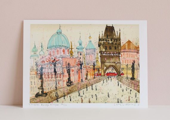 PRAGUE ART PRINT, Charles Bridge Czech Republic, Watercolor Painting, Signed Limited Edition, Prague Tram, Vltava River, Clare Caulfield