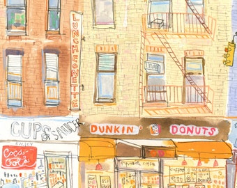 NEW YORK Shop Fronts, Dunkin Donuts Print, 11x14 NYC Art, Coca Cola Diner Sketch, City Taxi Drawing, Skyscraper Picture, Manhattan Street