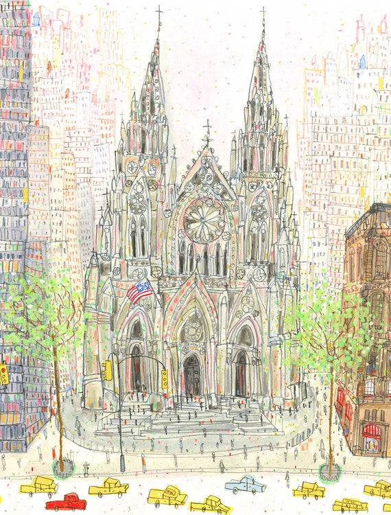 ポスター アート Saint Patrick's Cathedral、 NYC（アンリ シルバーマン） 額装品 アルミ製ハイグレードフレーム St Patrick\u0027s Cathedral Exterior New York City Postcard