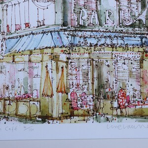 May include: A watercolor painting of a Parisian cafe with a blue awning, red chairs, and a sign that reads "Restaurant de Paris". The painting is signed "urevaunein" and titled "Parisian Cafe 150".